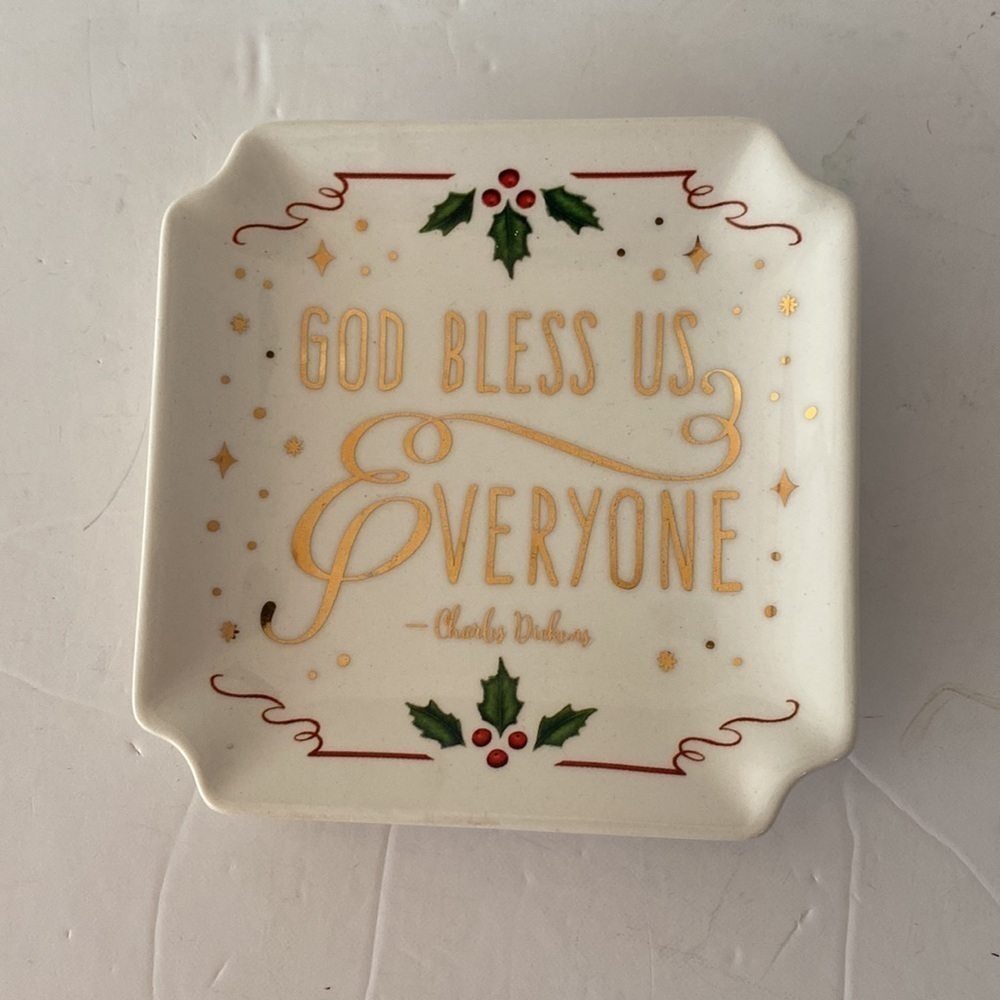 Christmas trinket dish “God bless us, everyone” - Charles Dickens 4” square